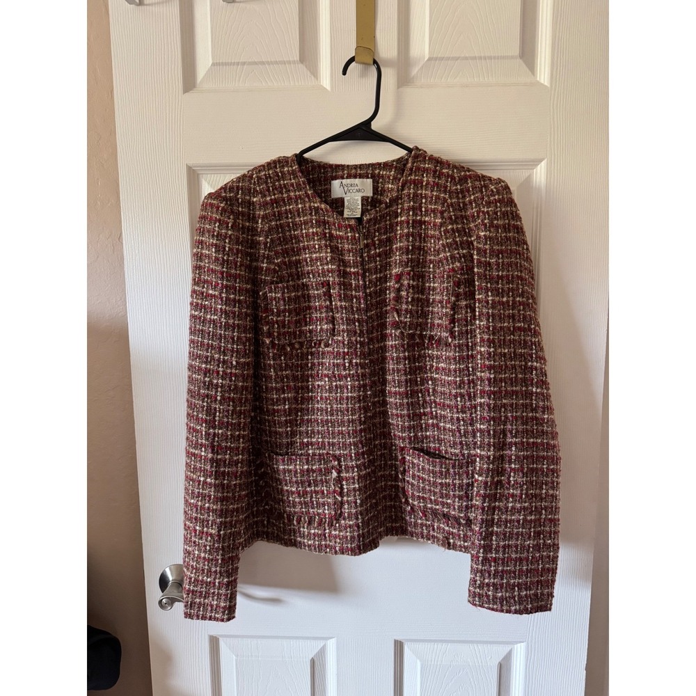 Andrea Viccaro Women's Tweed Jacket Blazer Red Beige Size 14 Textured